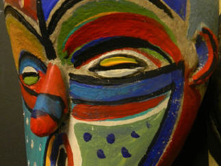 MASQUE AFRICAIN POUR LE GUERRIER INCONNU, acrylique sur SCULPTURE BOIS AFRICAINE